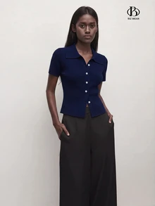 BizChic 女款深藍色鈕扣針織毛衣，翻領設計，都市通勤商務休閒，法式基礎風格上衣，適合辦公室、萬聖節、開學季、教堂、特殊場合、生日、婚禮賓客、派對、約會、度假，優雅秋冬極簡風 - 藏蓝色 - 查看 4
