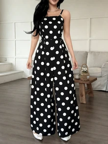 SHEIN Raffinéa 女士新款时尚复古优雅浪漫波点吊带阔腿连体裤，适合日常穿着、度假、海滩、休闲、通勤、音乐节、教师装扮，波西米亚风格 - 黑與白 - 查看 6