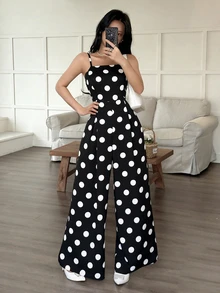 SHEIN Raffinéa 女士新款时尚复古优雅浪漫波点吊带阔腿连体裤，适合日常穿着、度假、海滩、休闲、通勤、音乐节、教师装扮，波西米亚风格 - 黑與白 - 查看 5