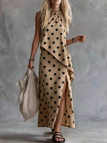 SHEIN Women's Polka Dot One-Shoulder Top And Slit Design Skirt Casual Daily Outfit - Khaki - View 3
