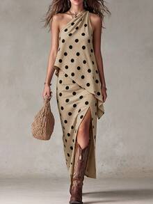 SHEIN Women's Polka Dot One-Shoulder Top And Slit Design Skirt Casual Daily Outfit - Khaki - View 1