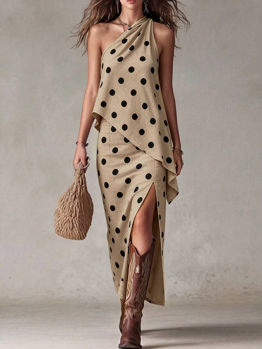 SHEIN Women's Polka Dot One-Shoulder Top And Slit Design Skirt Casual Daily Outfit - Khaki - View 1