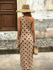 SHEIN Women's Polka Dot One-Shoulder Top And Slit Design Skirt Casual Daily Outfit - Khaki - View 2