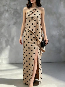 SHEIN Women's Polka Dot One-Shoulder Top And Slit Design Skirt Casual Daily Outfit - Khaki - View 5