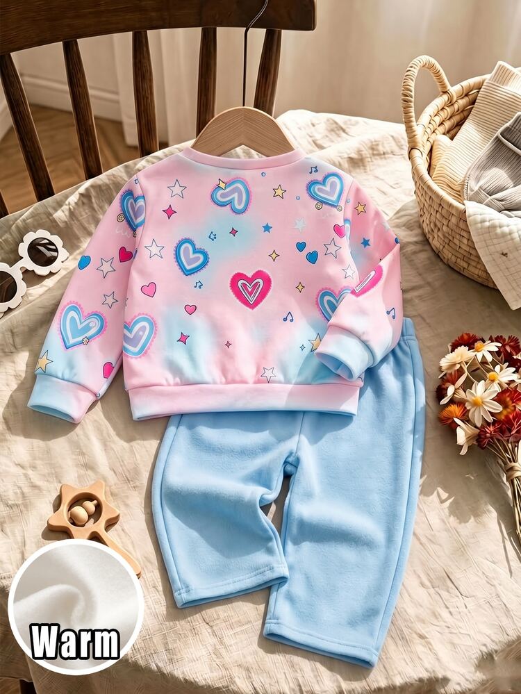 2pcs/Set Baby Girl Color-Changing Cartoon Print Sweatshirt Wide Leg Pants Outfit, Cute Fleece Lined Crew Neck Top Light Pink Light Blue Autumn - Multicolor - View 2