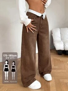SHEIN Tall 女款休閒復古街頭風水洗直筒牛仔褲 牛仔女郎穿搭 返校季 日常約會 棕色與白色波點 秋季 - 棕色 - 查看 3