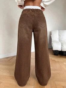 SHEIN Tall 女款休閒復古街頭風水洗直筒牛仔褲 牛仔女郎穿搭 返校季 日常約會 棕色與白色波點 秋季 - 棕色 - 查看 4