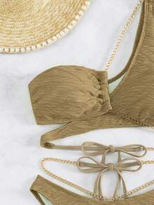Swim SXY طقم ملابس سباحة بيكيني نسائي صيفي للشاطئ بتفاصيل سلسلة - كاكي - مشاهدة 3