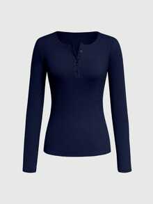 Trelyra Women Spring & Summer Solid Color Button Half-Placket Long Sleeve Ribbed Slim Fit T-Shirt Fall Cloth For Women - Navy Blue - View 5