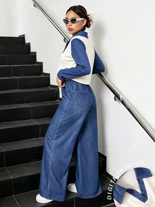 Tween Girls' Denim Blue Lapel V-Neck Patchwork Denim Effect Burnout 2 Pieces Set, Fall Outfits, Fall Tops, Holiday Outfits - Blue - View 3