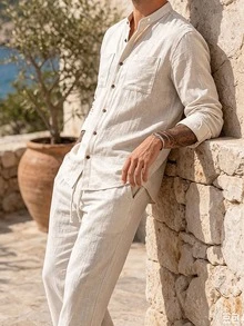 VENTUSAIL 2026 Spring Summer Beige Striped Linen Matching Set For Men Breathable Slub Linen Short Sleeve Shirt - Beige - View 6