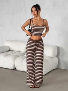 SHEIN PETITE Women's Casual Home Striped Camisole Top & Long Pants Two Pieces Set - Multicolor - View 4