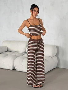 SHEIN PETITE Women's Casual Home Striped Camisole Top & Long Pants Two Pieces Set - Multicolor - View 7