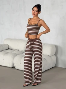 SHEIN PETITE Women's Casual Home Striped Camisole Top & Long Pants Two Pieces Set - Multicolor - View 5