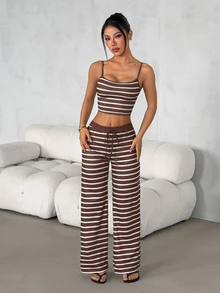 SHEIN PETITE Women's Casual Home Striped Camisole Top & Long Pants Two Pieces Set - Multicolor - View 6