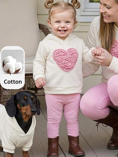 PrepCrw 2 Pcs Baby Girl 3D Heart Hooded Long Sleeve Pullover Sweatshirt & Elastic Waist Leggings Set, Suitable For Indoor, Daily, Sports, Photography, Holiday, Autumn/Winter