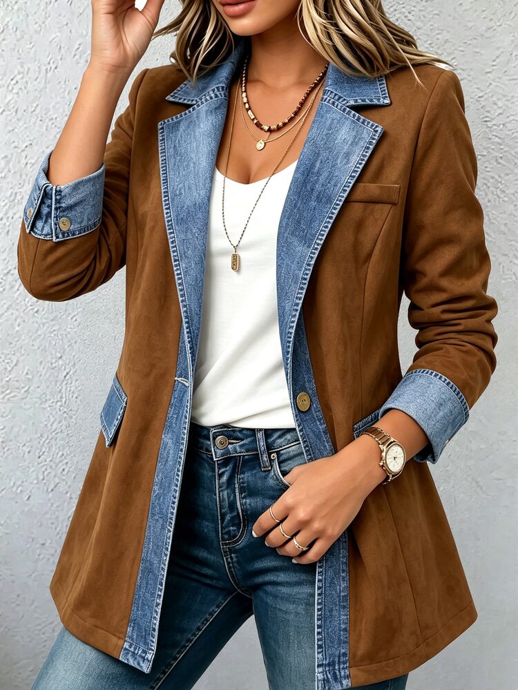 Auvina Blazer Jaket Komuter Kasual Smart Wanita Plus Size Motif Colorblock Biru untuk Kantor Formal Musim Panas - Coffee Brown - View 5