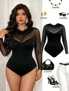 Femmeverse Women's Summer Elegant Plus Size Sexy Mesh Patchwork Long Sleeve Bodysuit, Suitable For Party, Dinner, Vacation, Date - Black - View 1