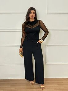 Femmeverse Women's Summer Elegant Plus Size Sexy Mesh Patchwork Long Sleeve Bodysuit, Suitable For Party, Dinner, Vacation, Date - Black - View 6