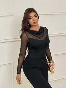 Femmeverse Women's Summer Elegant Plus Size Sexy Mesh Patchwork Long Sleeve Bodysuit, Suitable For Party, Dinner, Vacation, Date - Black - View 4