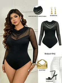 Femmeverse Women's Summer Elegant Plus Size Sexy Mesh Patchwork Long Sleeve Bodysuit, Suitable For Party, Dinner, Vacation, Date - Black - View 3
