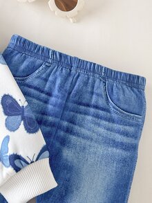 Cozy Pixies 女童 2 件套：寬鬆針織圓領蝴蝶印花衛衣與休閒長褲，秋冬款，厚實保暖 - 彩色 - 查看 3