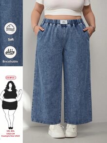 SHEIN CURVE+ 大尺碼休閒傳統西式水洗寬腿牛仔褲 女款牛仔女郎造型 演唱會穿搭 正式度假海灘藍色 - 藍色 - 查看 2