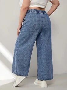 SHEIN CURVE+ 大尺碼休閒傳統西式水洗寬腿牛仔褲 女款牛仔女郎造型 演唱會穿搭 正式度假海灘藍色 - 藍色 - 查看 3