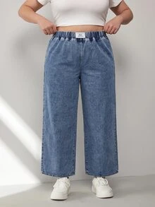 SHEIN CURVE+ 大尺碼休閒傳統西式水洗寬腿牛仔褲 女款牛仔女郎造型 演唱會穿搭 正式度假海灘藍色 - 藍色 - 查看 5