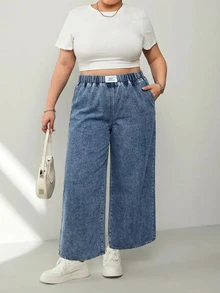 SHEIN CURVE+ 大尺碼休閒傳統西式水洗寬腿牛仔褲 女款牛仔女郎造型 演唱會穿搭 正式度假海灘藍色 - 藍色 - 查看 8