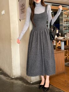 DAZY Women's Solid Color Autumn/Winter Layered Sweater Strap Dress - Light Grey - View 5