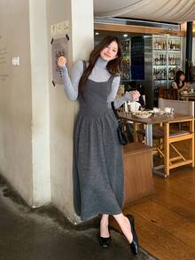 DAZY Women's Solid Color Autumn/Winter Layered Sweater Strap Dress - Light Grey - View 9