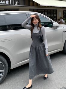 DAZY Women's Solid Color Autumn/Winter Layered Sweater Strap Dress - Light Grey - View 8