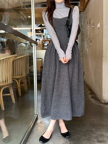 DAZY Women's Solid Color Autumn/Winter Layered Sweater Strap Dress - Light Grey - View 1