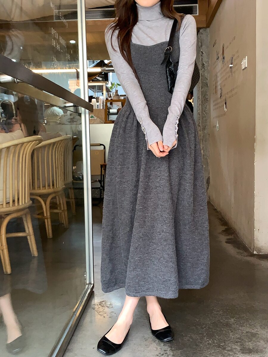 DAZY Women's Solid Color Autumn/Winter Layered Sweater Strap Dress - Light Grey - View 1