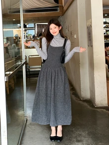 DAZY Women's Solid Color Autumn/Winter Layered Sweater Strap Dress - Light Grey - View 7