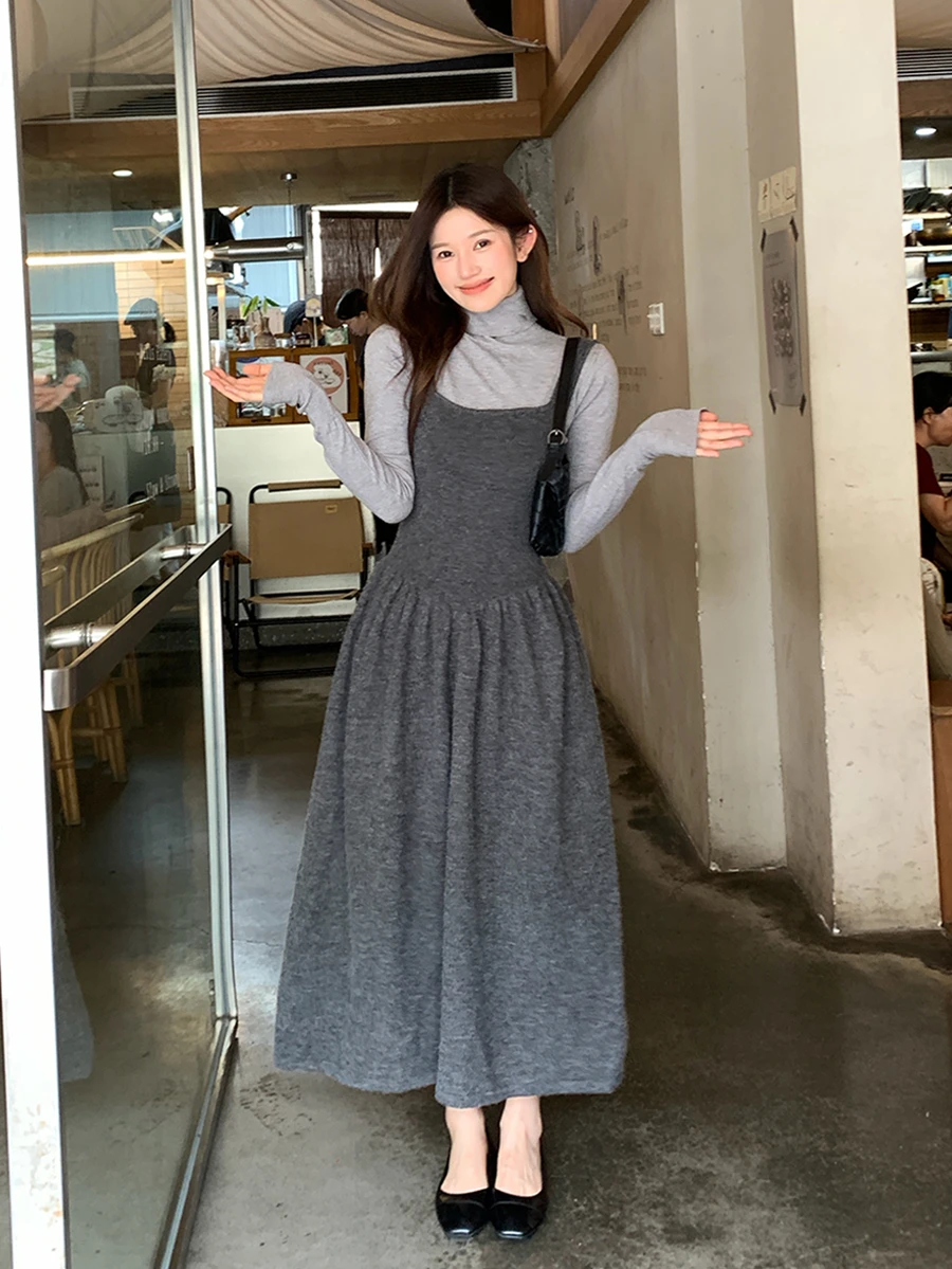 DAZY Gaun Sweater Berlapis Warna Polos untuk Wanita Musim Gugur/Dingin - Light Grey - View 1