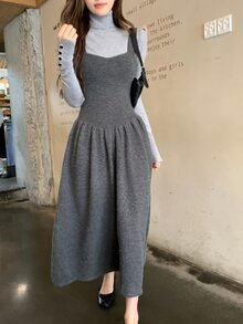 DAZY Women's Solid Color Autumn/Winter Layered Sweater Strap Dress - Light Grey - View 4