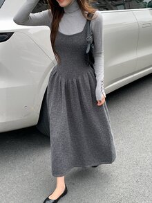DAZY Women's Solid Color Autumn/Winter Layered Sweater Strap Dress - Light Grey - View 6
