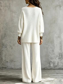 SHEIN Setelan Sweater Lengan Panjang Leher V dan Celana Rajut Kasual Wanita Warna Polos dengan Bahu Longgar - Krem - View 3