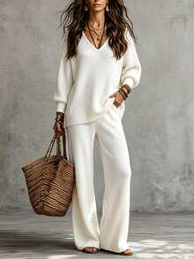 SHEIN Setelan Sweater Lengan Panjang Leher V dan Celana Rajut Kasual Wanita Warna Polos dengan Bahu Longgar - Krem - View 6