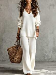 SHEIN Setelan Sweater Lengan Panjang Leher V dan Celana Rajut Kasual Wanita Warna Polos dengan Bahu Longgar - Krem - View 4