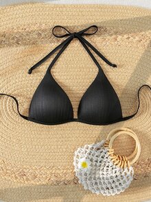 SHEIN Swim Summer Beach Halter Triangle Bikini Top - Black - View 2