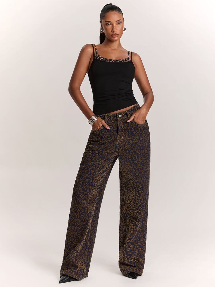 SHEIN BAE Women's Casual Everyday Denim Jeans With Pockets And Buttons, Velvet Leopard Jeans, Party, Cute Date, Casual Versatile Jeans, Low Ride Jeans, Fashion. - Blue - View 4