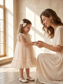 SHEIN Glamorique Kids 1件女童粉色网纱短袖蛋糕裙，优雅公主风薄纱裙摆，可爱A字廓形，适合派对装扮和夏季穿着 - 粉色 - 查看 4