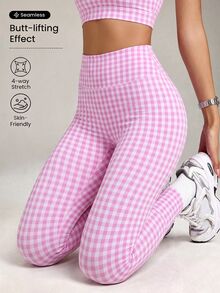 SHEIN Sovereign Charm Women's Slim Fit Yoga Workout Pink Plaid Print Sports Leggings - Multicolor - View 5