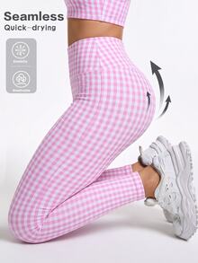 SHEIN Sovereign Charm Women's Slim Fit Yoga Workout Pink Plaid Print Sports Leggings - Multicolor - View 2