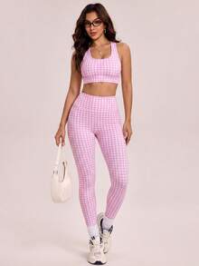 SHEIN Sovereign Charm Women's Slim Fit Yoga Workout Pink Plaid Print Sports Leggings - Multicolor - View 1