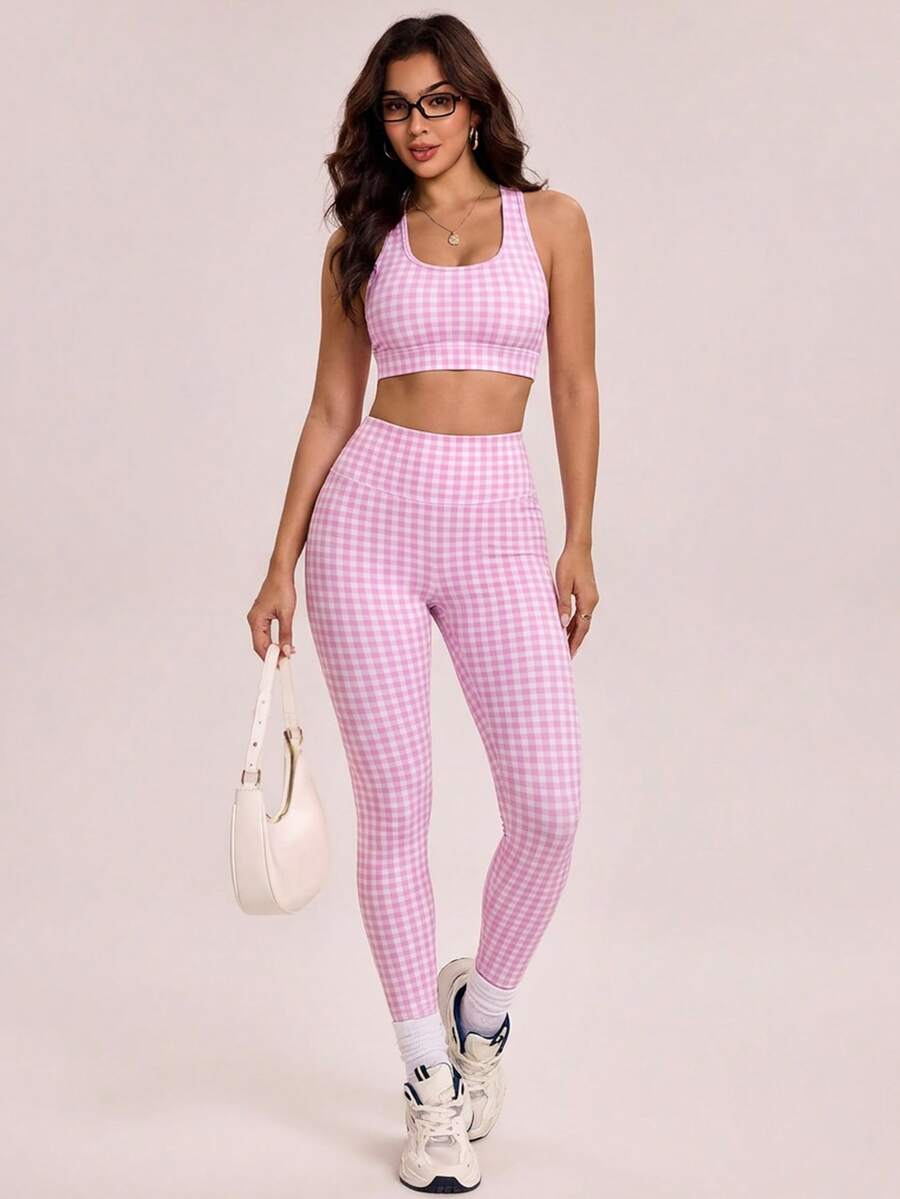 SHEIN Sovereign Charm Women's Slim Fit Yoga Workout Pink Plaid Print Sports Leggings - Multicolor - View 1