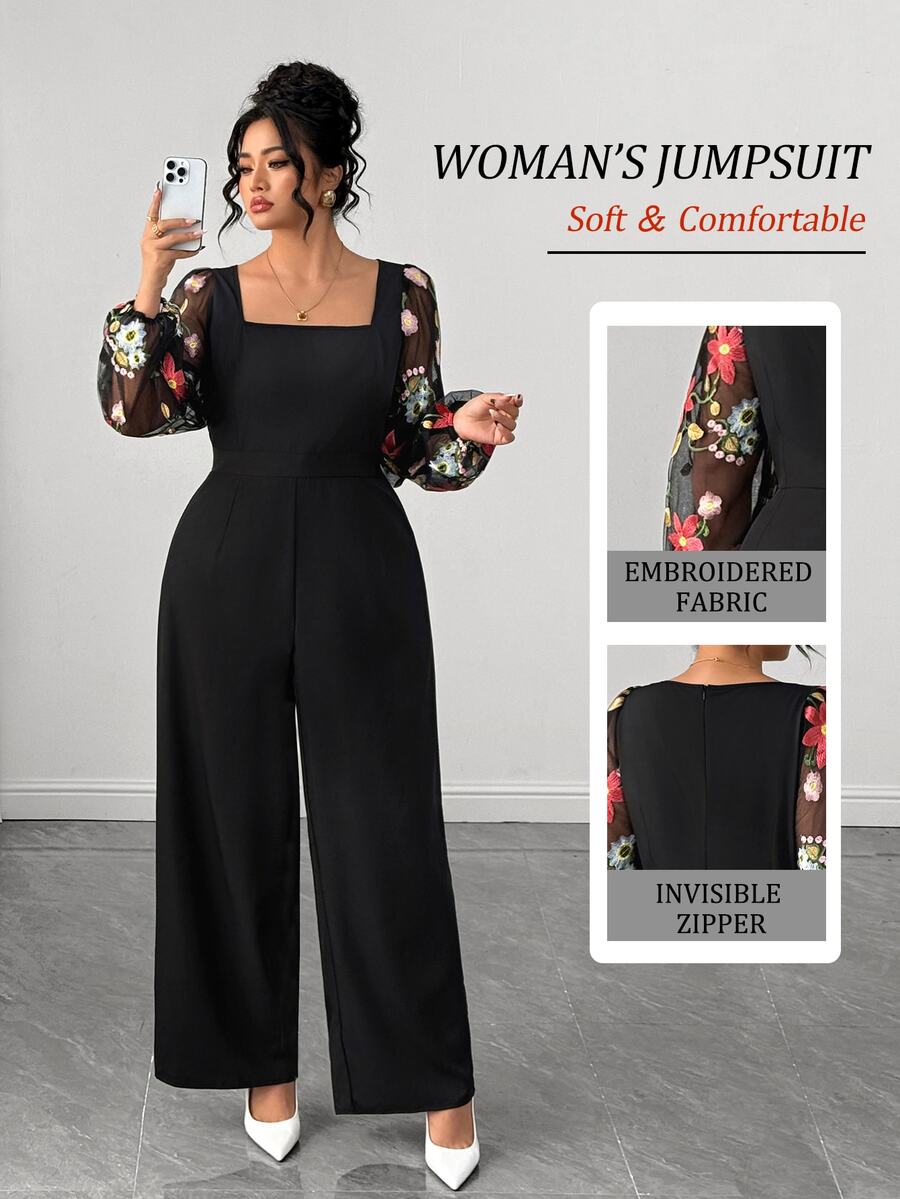 Elenzga Elegant Commuter Square Neck Contrast Mesh Jacquard Long Sleeve Wedding Dinner Formal Black Autumn Embroidered Fabric Plus Size Women Jumpsuit Fall - Black - View 1